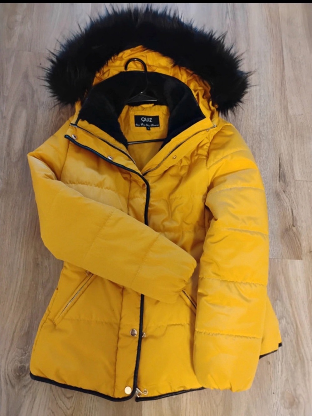 OUZ Women's Yellow Quilted Puffer Coat with Faux Fur Hood